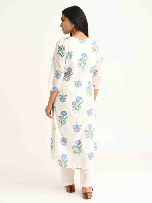 White Floral Handblock Pleated Kurta Set