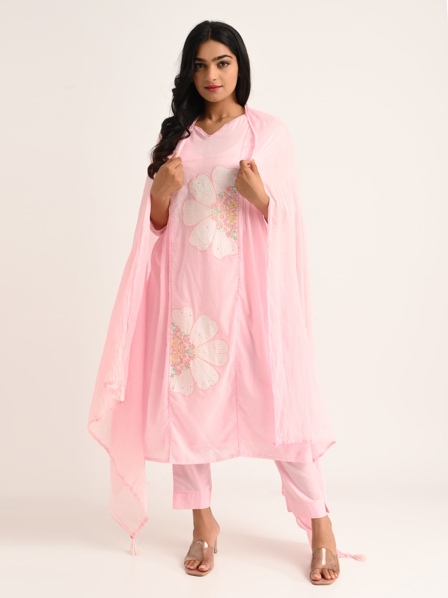 Pink Floral Embroidered Kurta Set with Dupatta