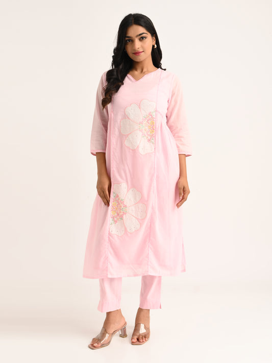 Pink Floral Embroidered Kurta Set with Dupatta