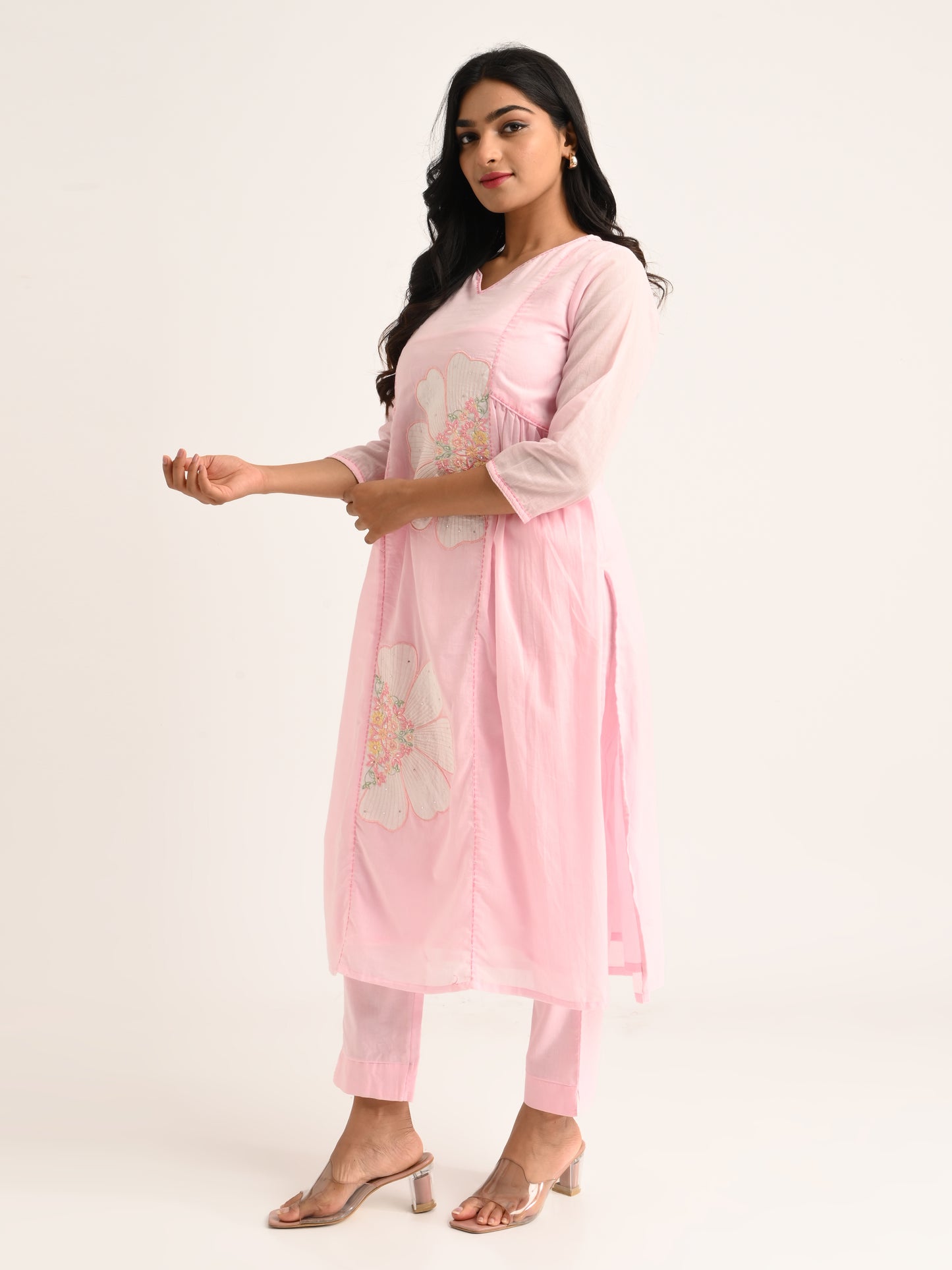 Pink Floral Embroidered Kurta Set with Dupatta