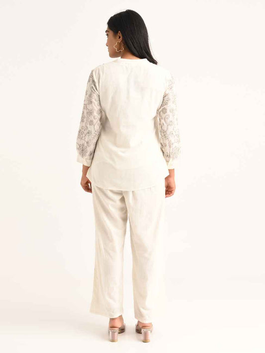 White Pintuck Top Embroidered Co-ord Set