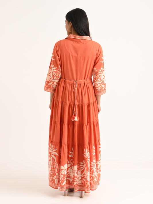 Rust Tiered Flared Dress with Floral Print