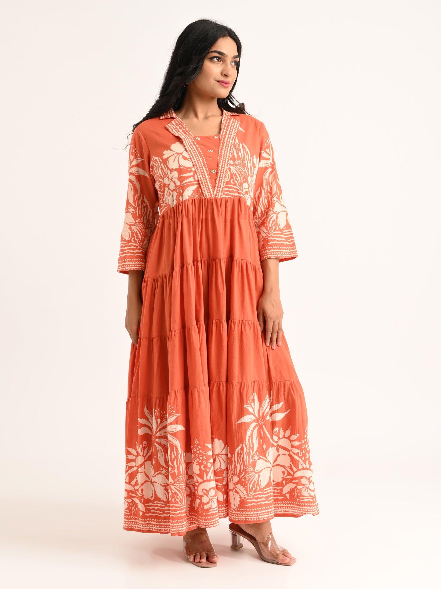 Rust Tiered Flared Dress with Floral Print