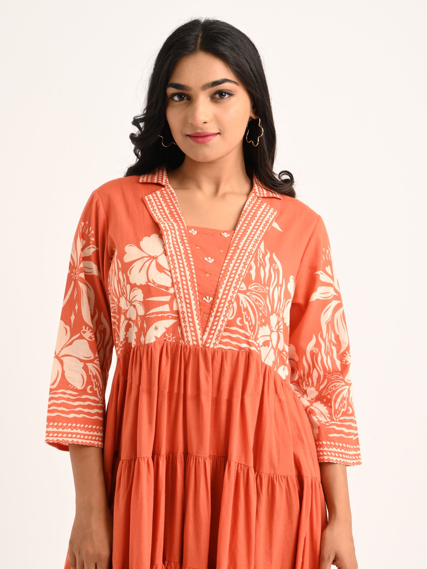 Rust Tiered Flared Dress with Floral Print
