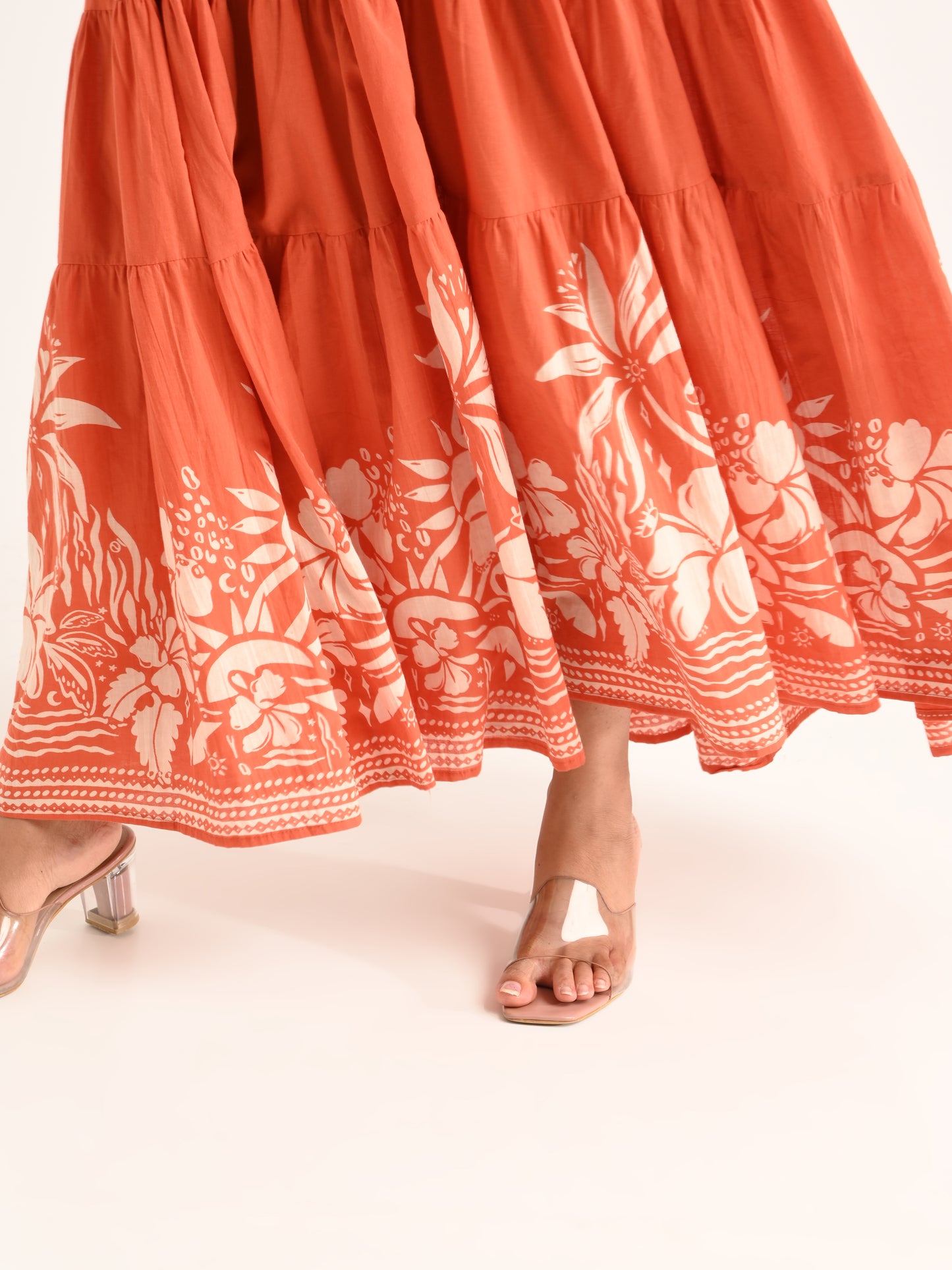 Rust Tiered Flared Dress with Floral Print