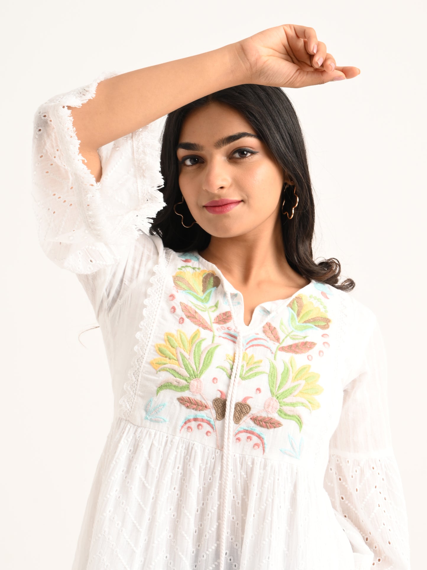 White Flared Short Dress with Colorful Embroidery