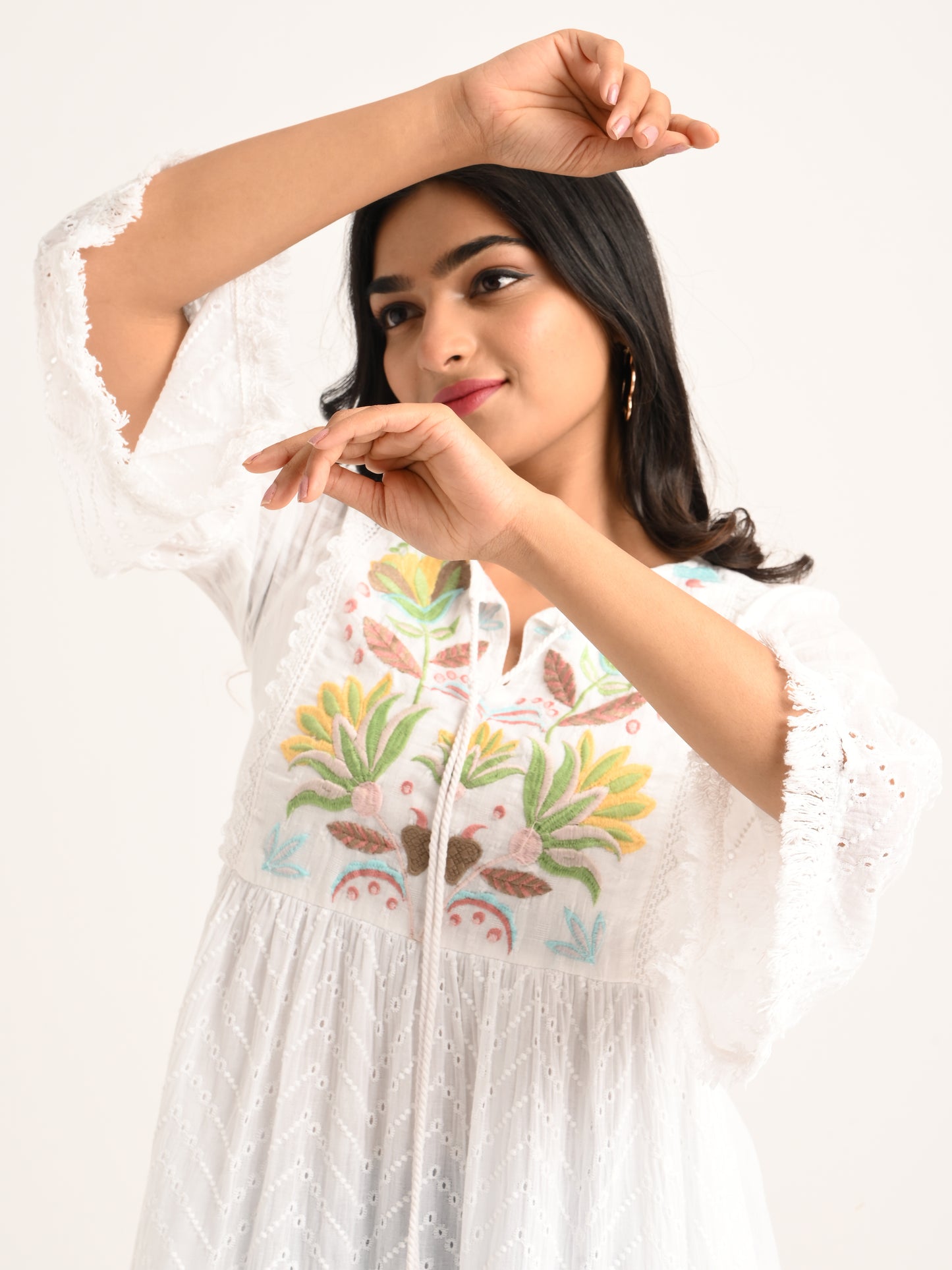 White Flared Short Dress with Colorful Embroidery