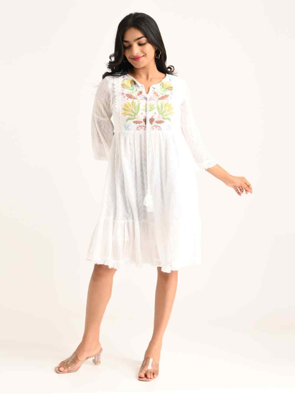 White Flared Short Dress with Colorful Embroidery