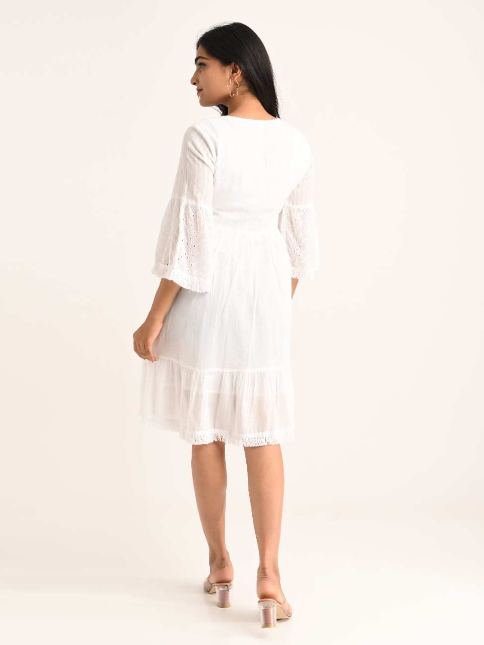 White Flared Short Dress with Colorful Embroidery