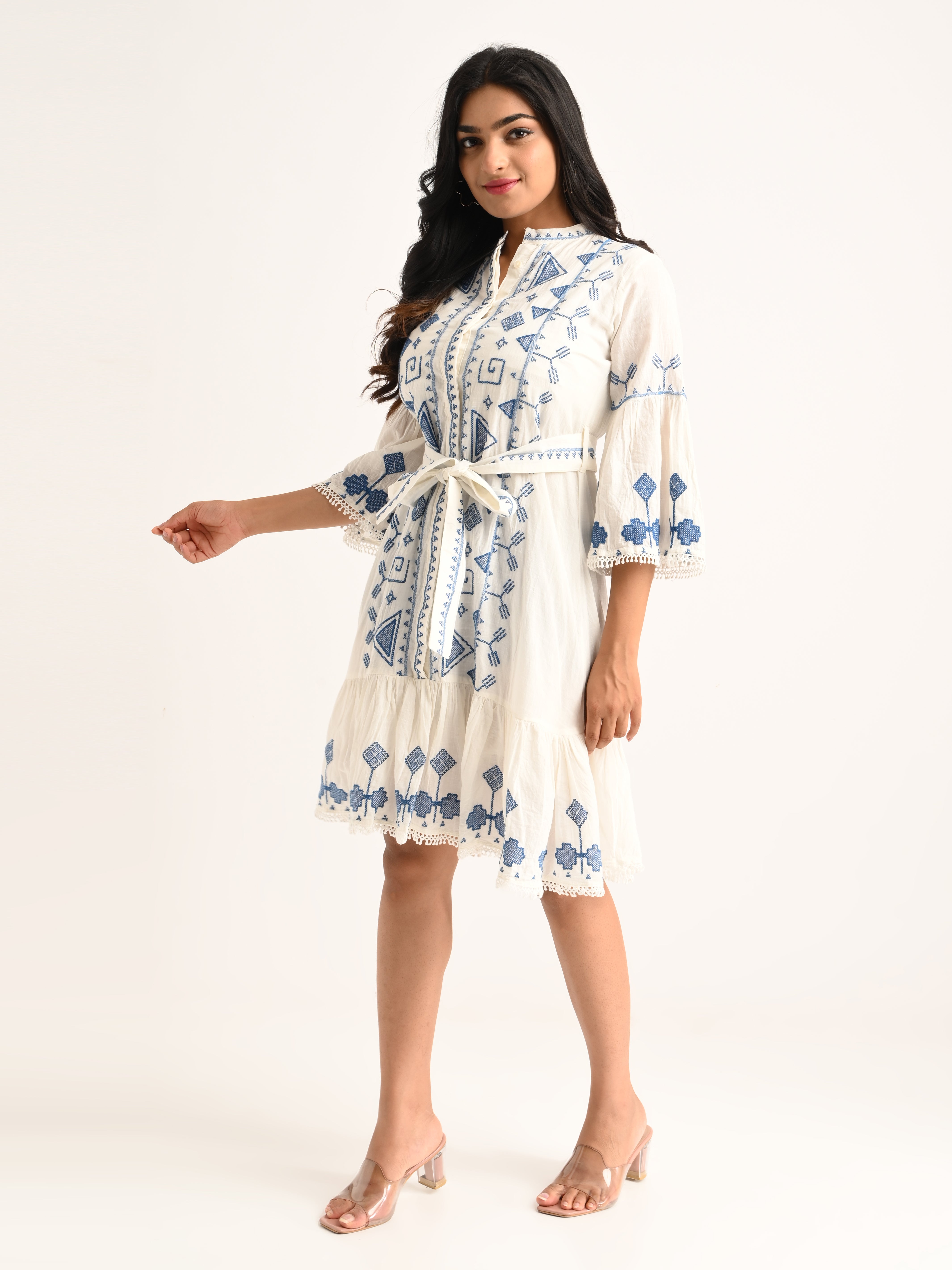 Embroidered White Flared Dress with Blue Accents Embroidered White Flared Dress with Blue Accents