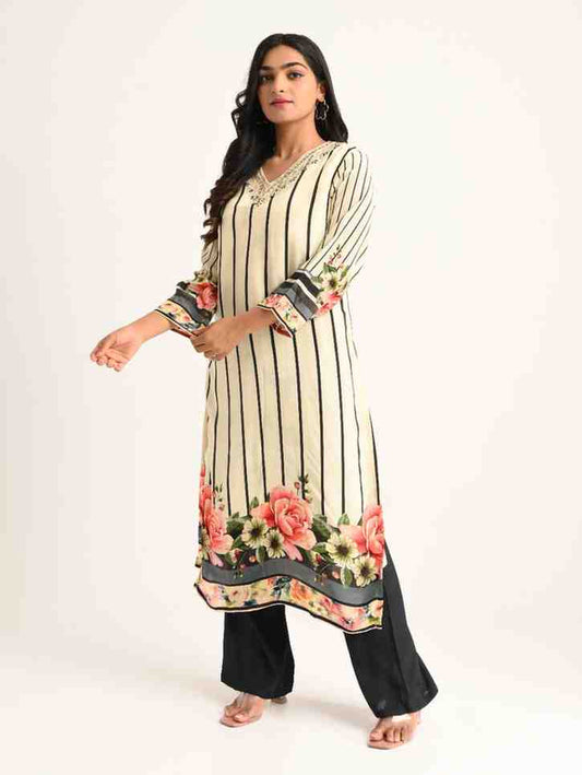 Floral Striped Kurta Set with Dupatta