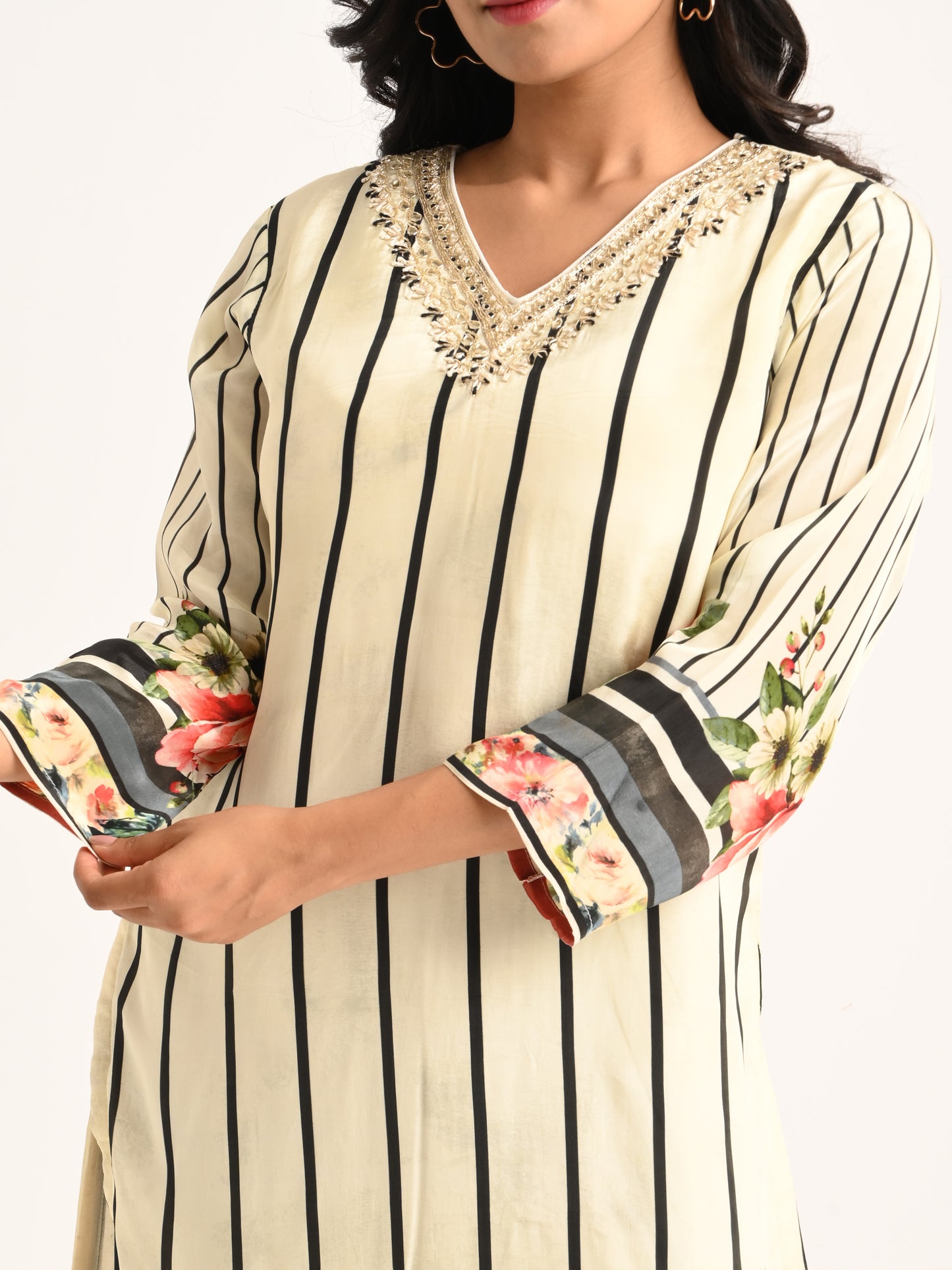 Floral Striped Kurta Set with Dupatta