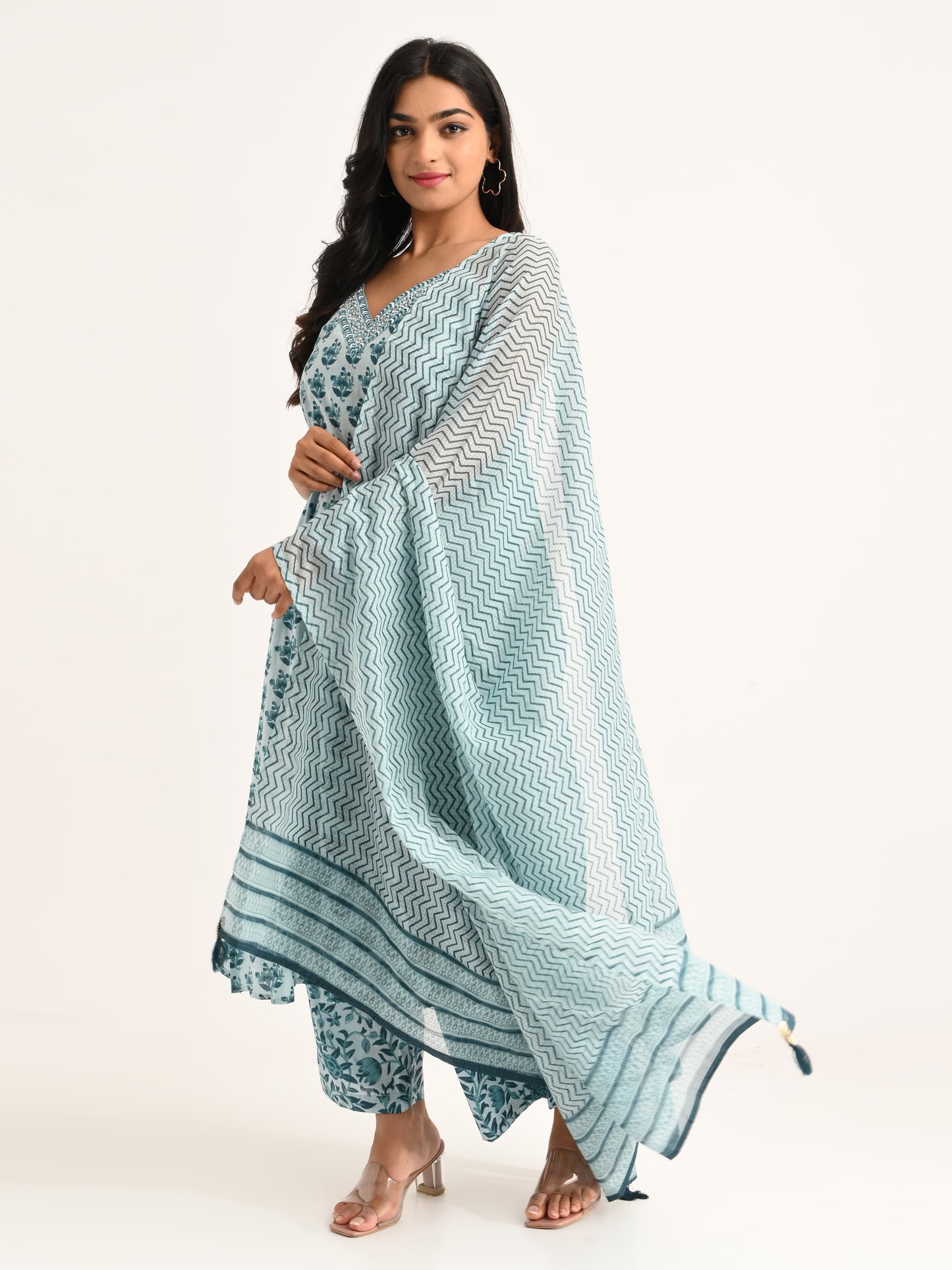 Azure Bloom Cotton Kurta Set