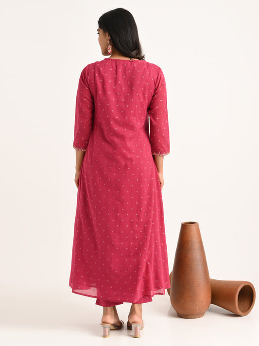 Embroidered Flared Kurta Set in Deep Pink