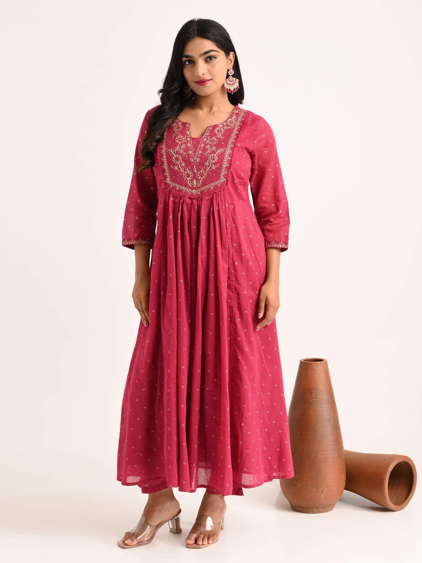 Embroidered Flared Kurta Set in Deep Pink