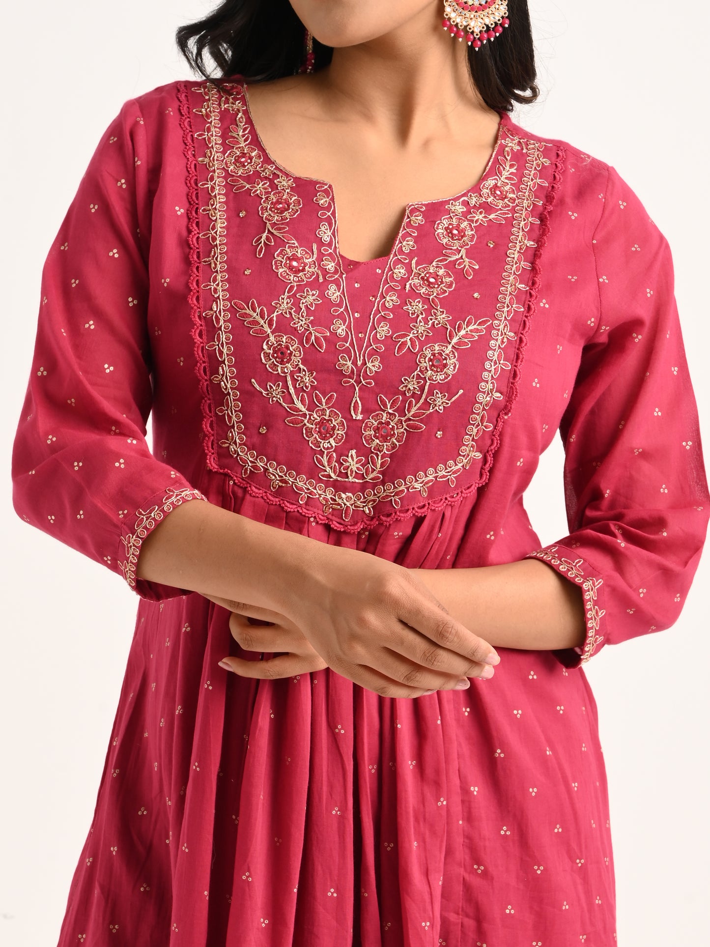 Embroidered Flared Kurta Set in Deep Pink