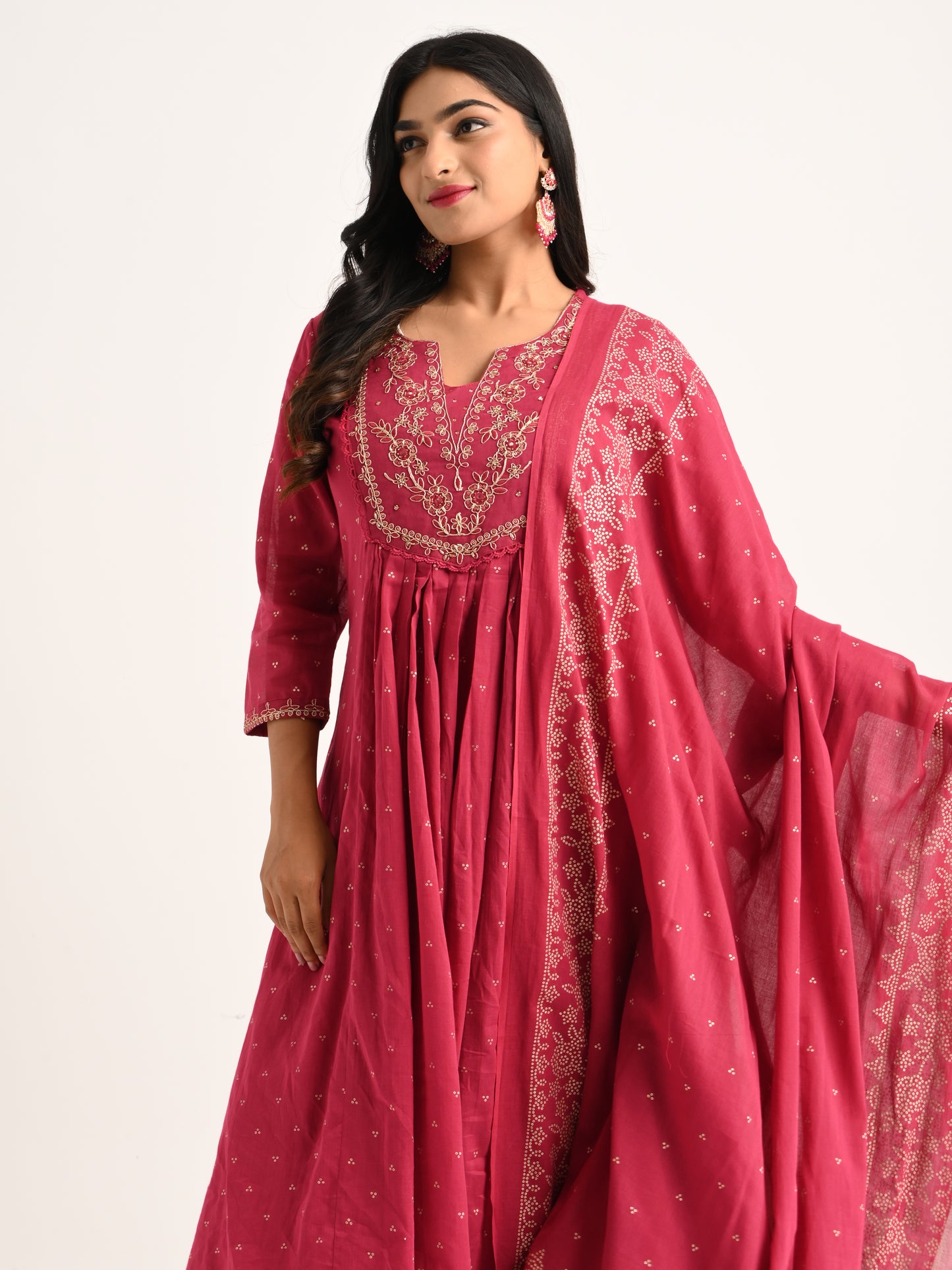 Embroidered Flared Kurta Set in Deep Pink