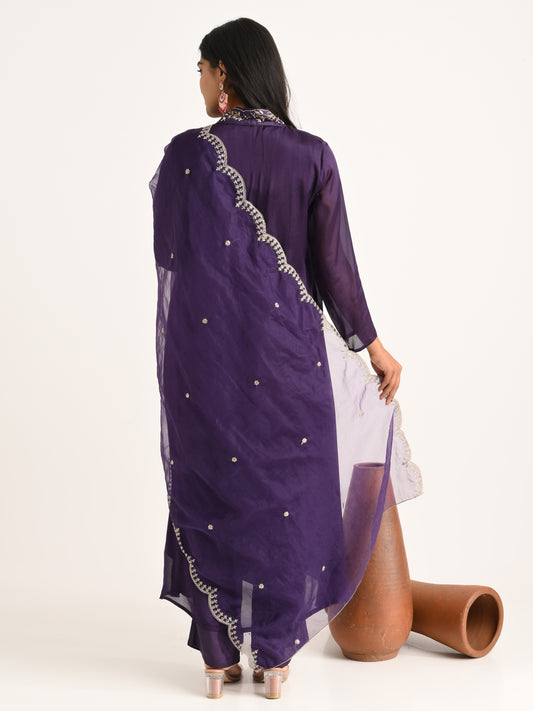 Zardosi & Cutdana Embroidered Flared Kurta Set in Deep Purple