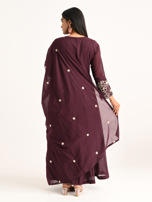 Wine Floral Embriodered Anarakali