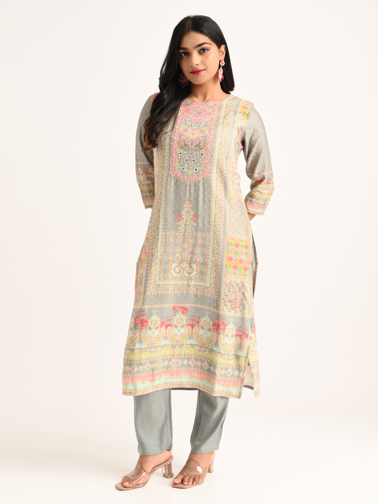 Pastel Printed Straight Kurta Set in Grey
