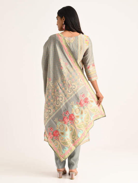 Pastel Printed Straight Kurta Set in Grey