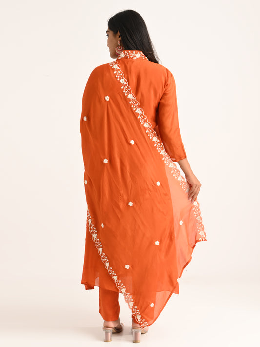 Rust Floral Yoke & Hem Kurta Set