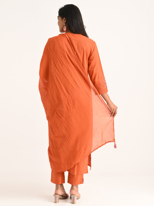 Rust Gathered Kurta Set with Dupatta