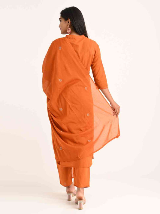 Thread Embroidered Rust Kurta Set