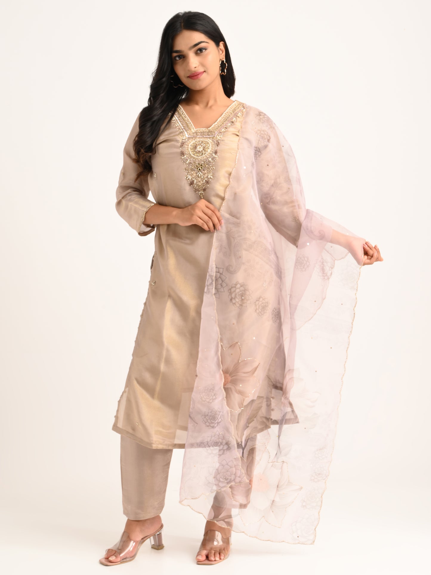 Champagne Beige Embroidered Kurta Set with Dupatta