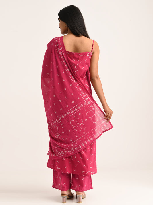 Rani Pink Sleeveless Printed Kurta Set with Dupatta