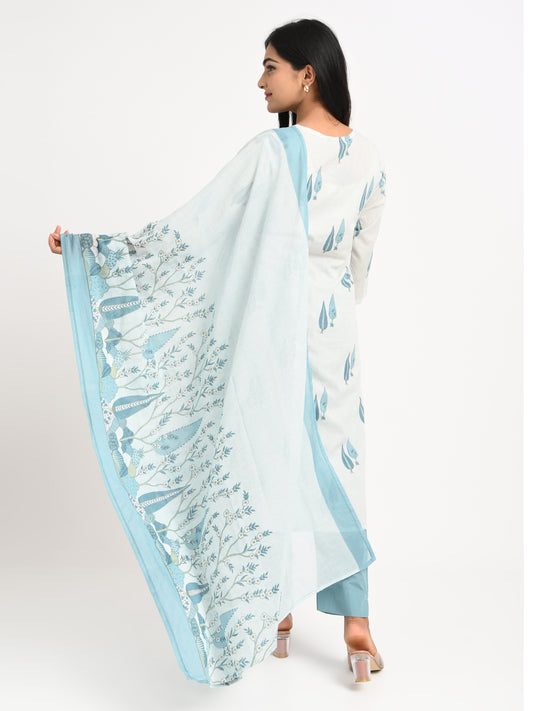 Seafoam Printed Cotton Suit Set with Dupatta