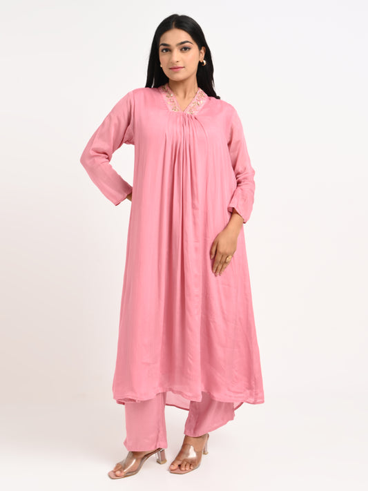 Rose Pink Pleated Kurta Set with Dupatta