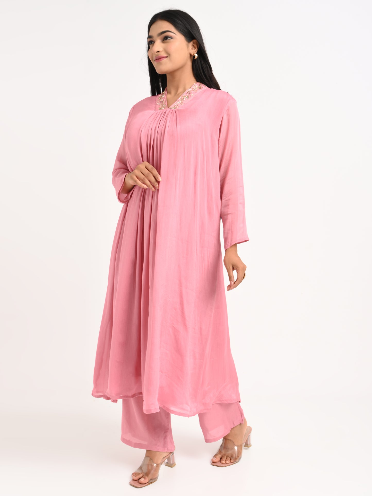 Rose Pink Pleated Kurta Set with Dupatta