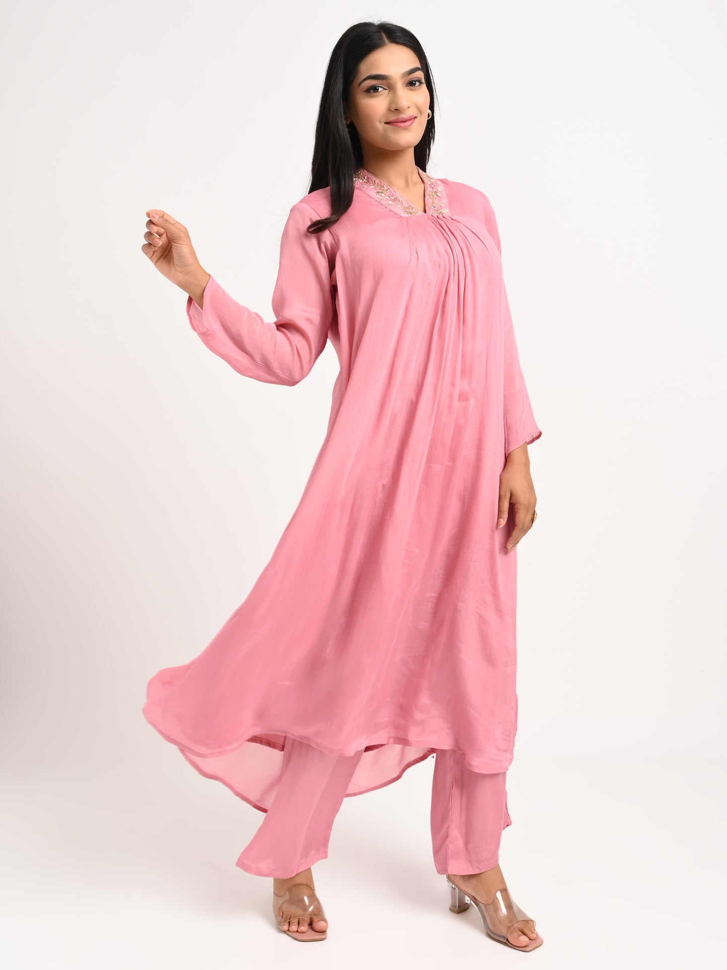 Rose Pink Pleated Kurta Set with Dupatta