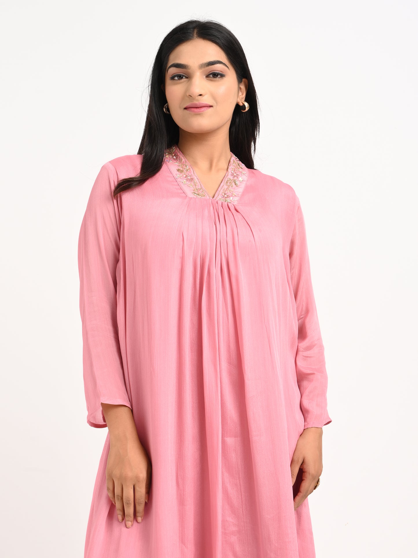 Rose Pink Pleated Kurta Set with Dupatta