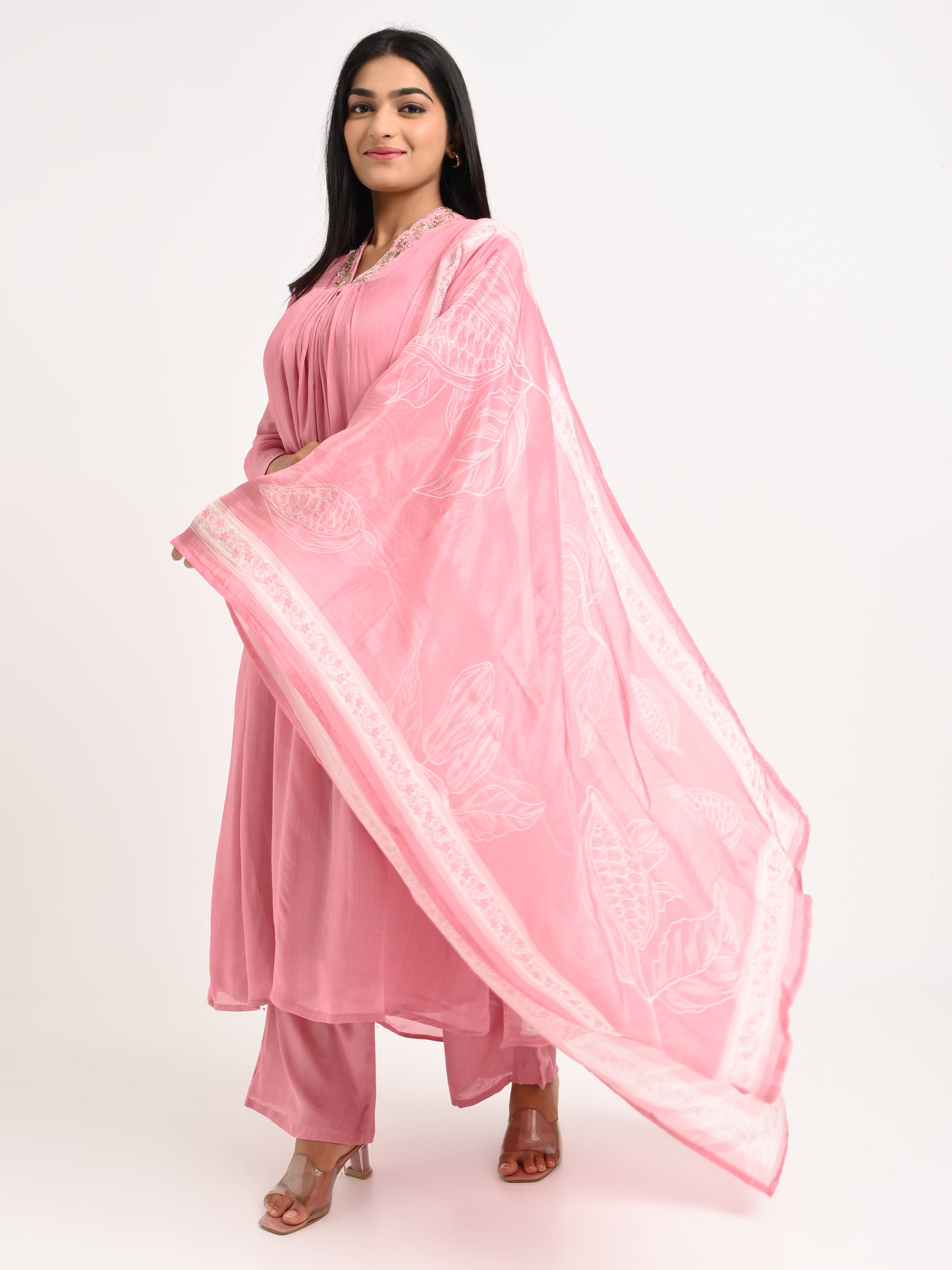 Rose Pink Pleated Kurta Set with Dupatta