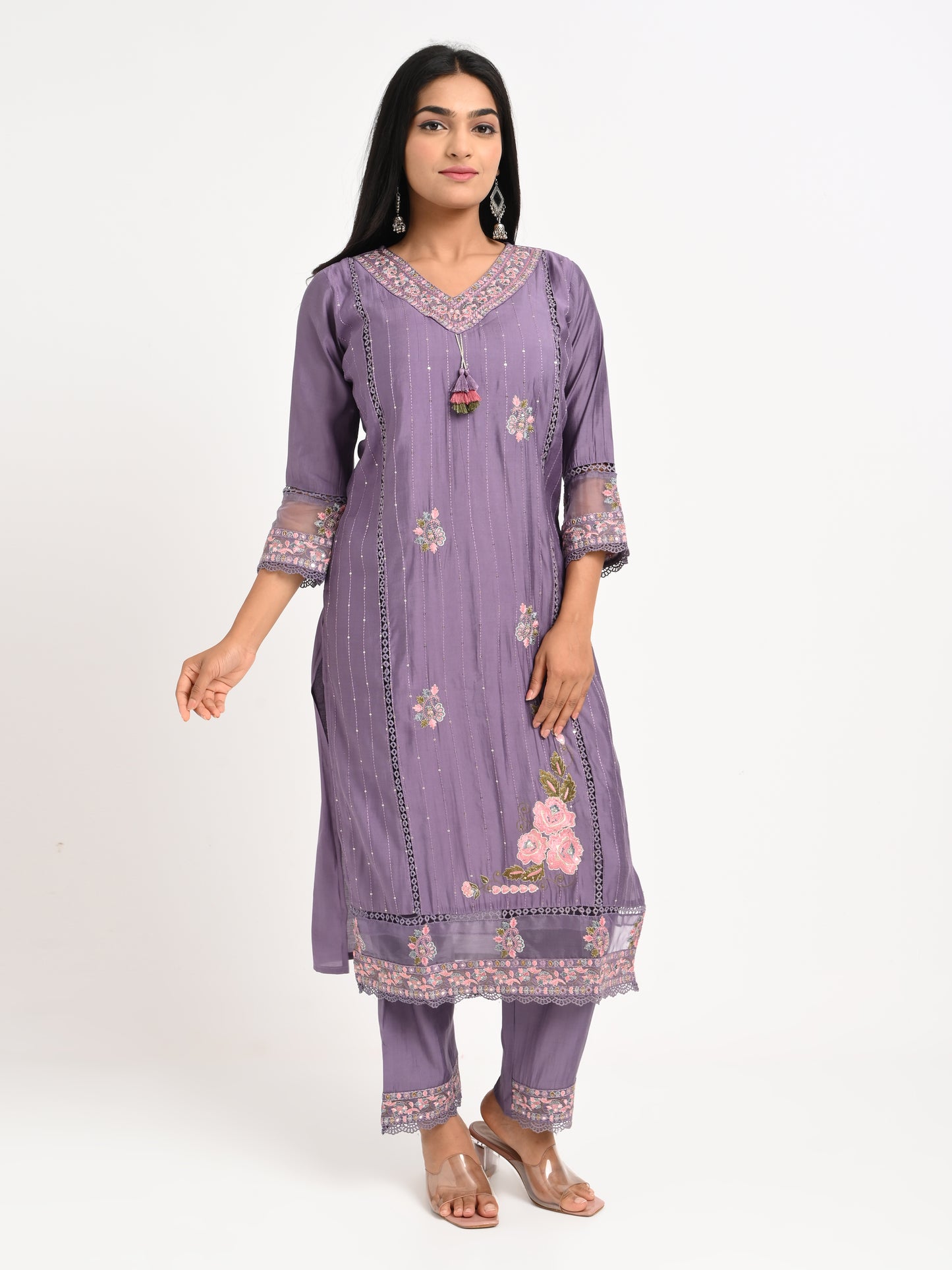 Lavender Embroidered Kurta Set with Dupatta