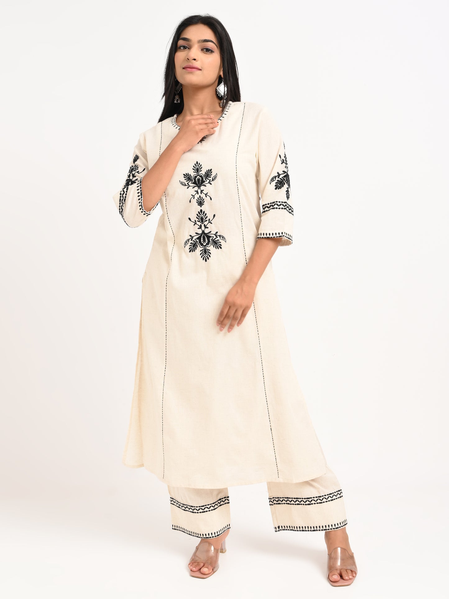 Embroidered Cream Kurta Set