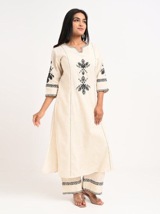 Embroidered Cream Kurta Set