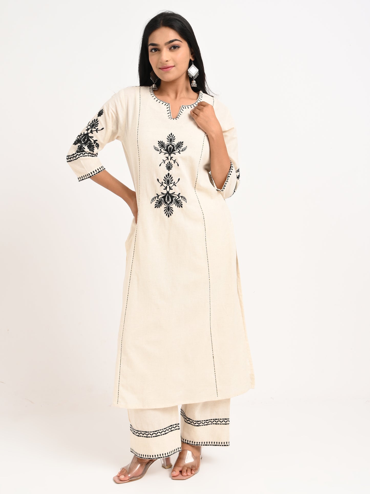 Embroidered Cream Kurta Set