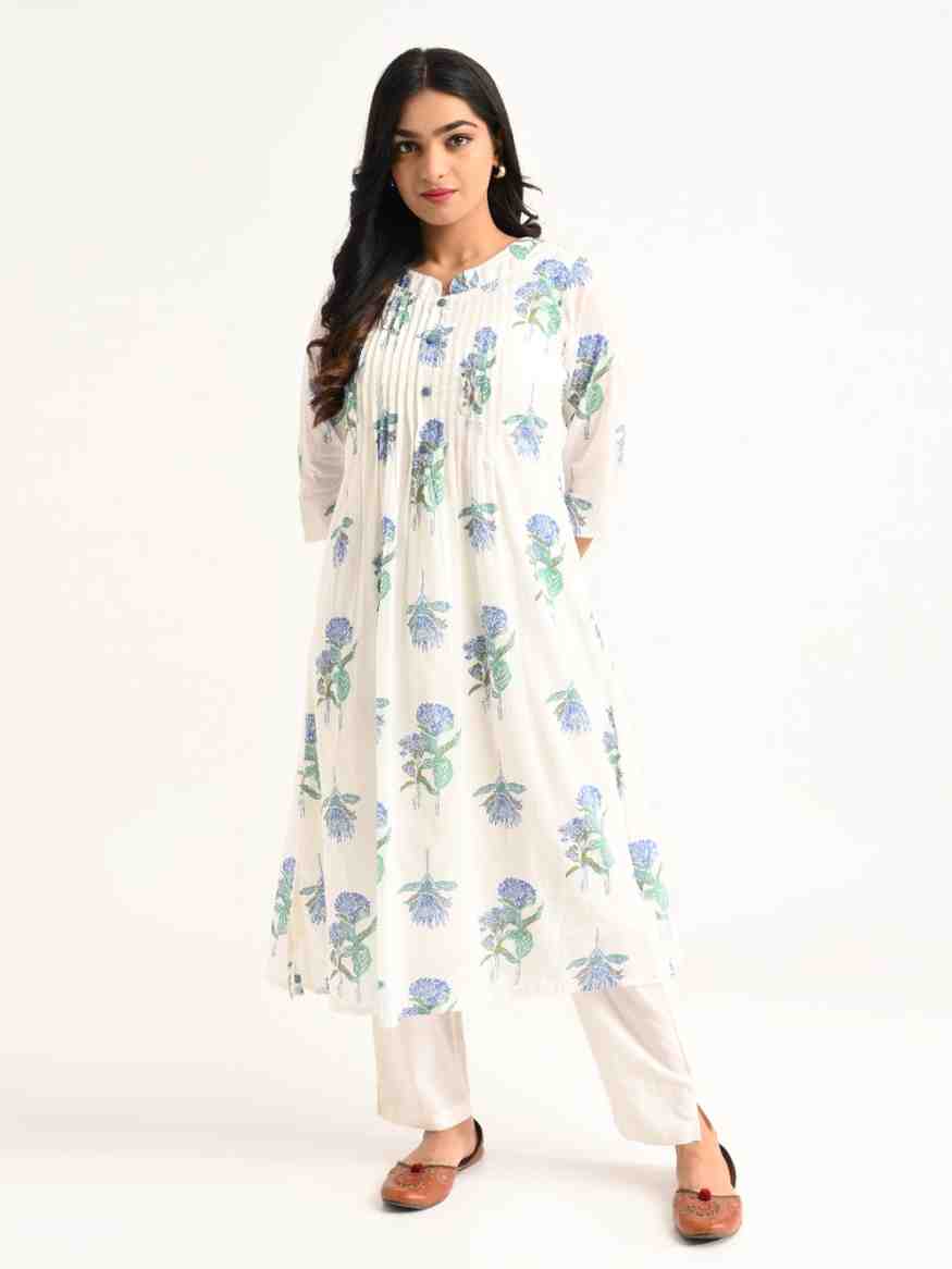 White Floral Handblock Pleated Kurta Set