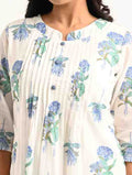 White Floral Handblock Pleated Kurta Set