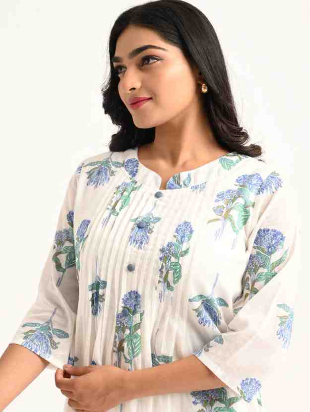 White Floral Handblock Pleated Kurta Set