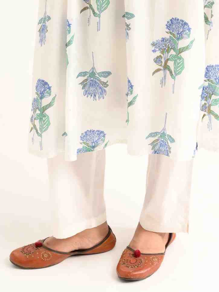 White Floral Handblock Pleated Kurta Set
