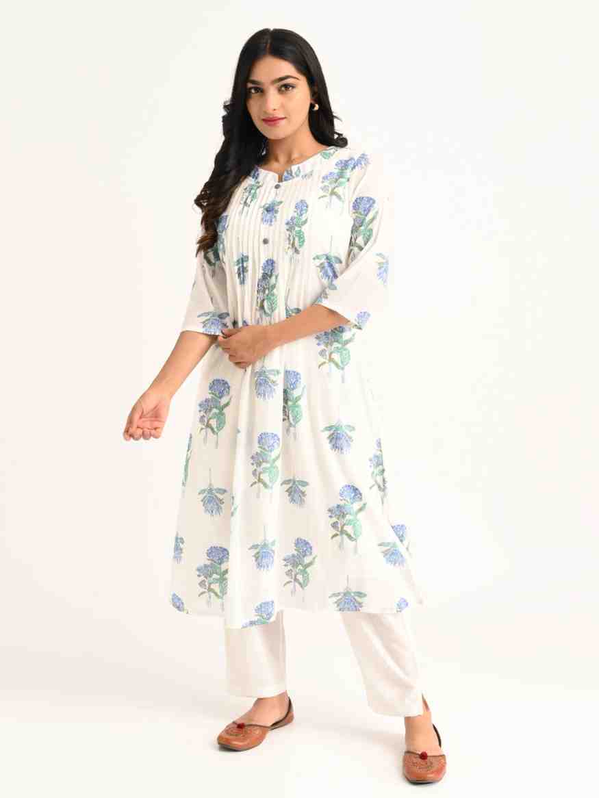 White Floral Handblock Pleated Kurta Set