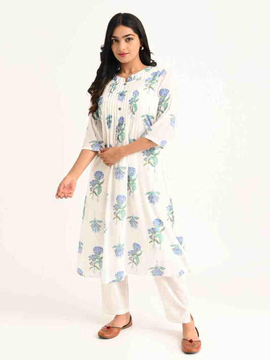 White Floral Handblock Pleated Kurta Set