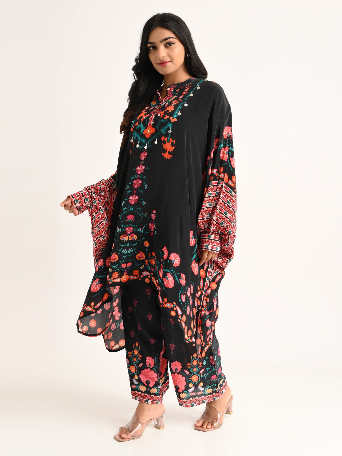 Black Floral Printed Kaftan Co-ord Set