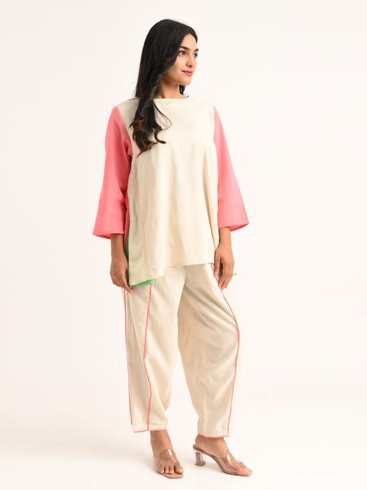 Beige & Pink Colorblock Co-ord Set