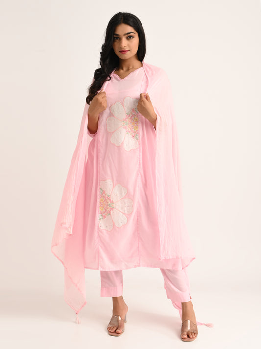 Pink Floral Embroidered Kurta Set with Dupatta