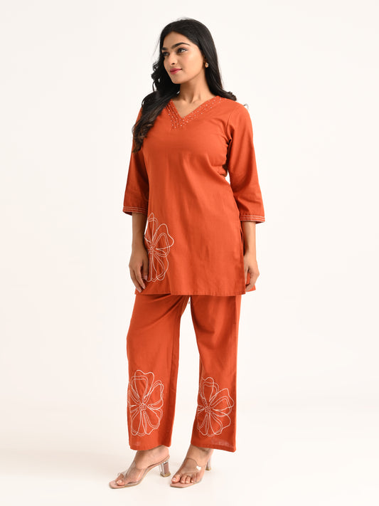 Rust Orange Embroidered Co-ord Set